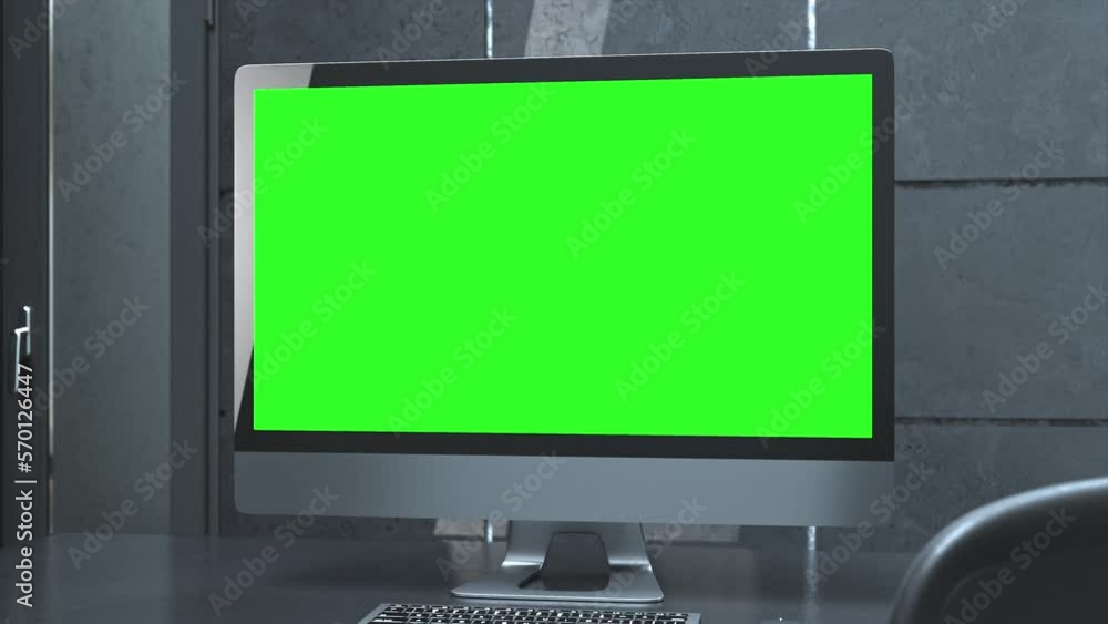 Poster computer green screen mock-up on work desk in office dark room. designed in minimal concept. can be 