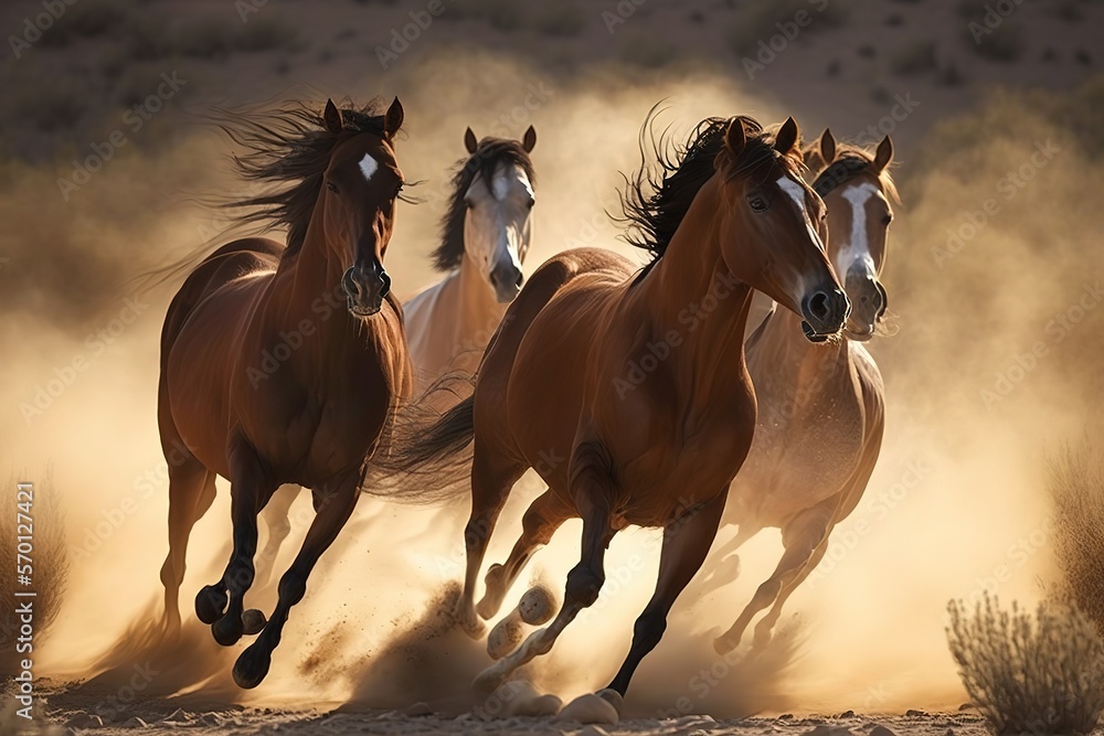 Poster Wild Horses Running in the field between dust. Heard of brown horses