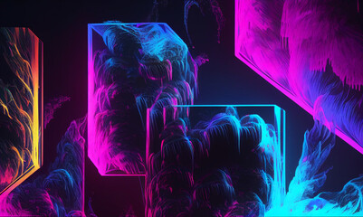Abstract art cubes and smoke neon colors background AI generative