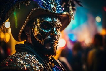 Men with a facemask on mardi gras carnival, Traditional mardi gras celebration scene, generative ai