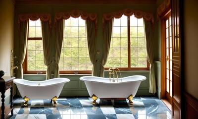 Luxury bathroom with tall windows and a clawfoot bathtub or bathtubs, ai generated