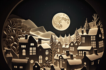 Snowy town and moon in the night, papercut style. Generative AI Illustration.
