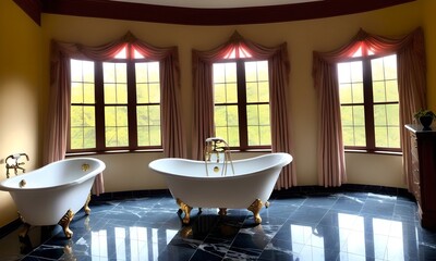 Luxury bathroom with tall windows and a clawfoot bathtub or bathtubs, ai generated