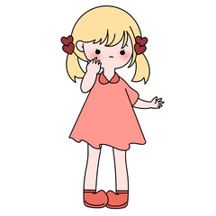 Valentine girl poses shyly color illustration.