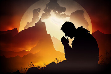 silhouette of man praying in a sunset , illustration