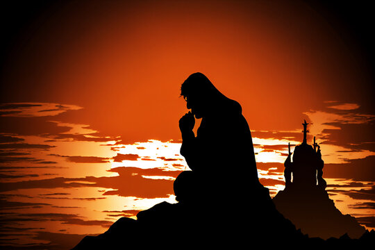 silhouette of man praying in a sunset , illustration