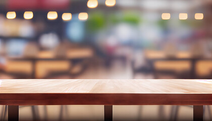 wooden table in front of abstract blurred background of resturant lights
