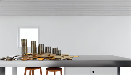 House Model And Stack Of Coins On Desk concept background. copy space text blank area