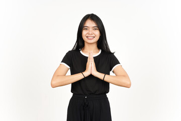 Smiling and doing namaste greeting of Beautiful Asian Woman Isolated On White Background