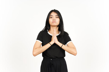 Folding arms and Begging Gesture of Beautiful Asian Woman Isolated On White Background