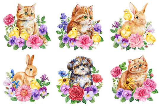 Cute cat, bunny, dog and chick with spring flowers, baby animal on white background. Watercolor red kitten