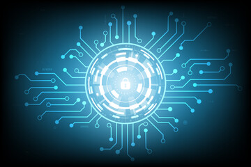 Vector circuit board cyber security with the lock on dark blue vintage screen for technology background