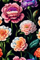 Colorful bunch of Carnation flowers in a watercolor style with seamless background pattern, created with Generative AI technology