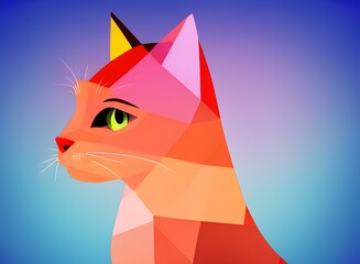 Сat illustration, bright portrait picture of a cat, low poly, infographics, flat design. Generative AI.