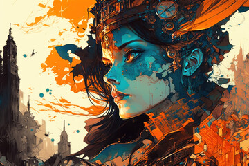 Fototapeta premium Steampunk woman queen illustration with blue face, flowing, jewel clock headdress and metal tech armor in front of tall retro buildings with swirling orange abstract sky background, ai.