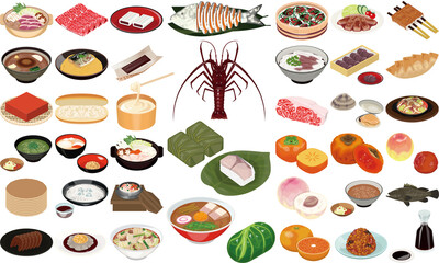 滋賀、三重、奈良、和歌山の人気グルメ・名産のアイコン①（鮒ずし、伊勢海老、柿の葉寿司、和歌山らーめん）