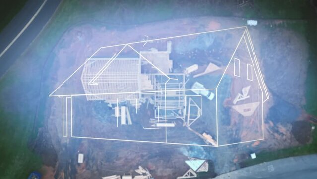 Animation of house blueprints overlay on top real home construction site in America. Aerial top down shot of mansion under construction. Augmented reality 3D render of house. Futuristic construction.
