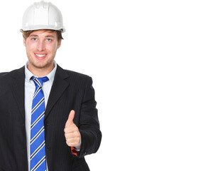 Engineer or architect in suit showing successful thumbs up. Male business man wearing white hard hat signaling success hand sign smiling happy. Portrait of male engineer isolated in transparent PNG.