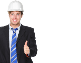 Engineer or architect in suit showing successful thumbs up. Male business man wearing white hard hat signaling success hand sign smiling happy. Portrait of male engineer isolated in transparent PNG.