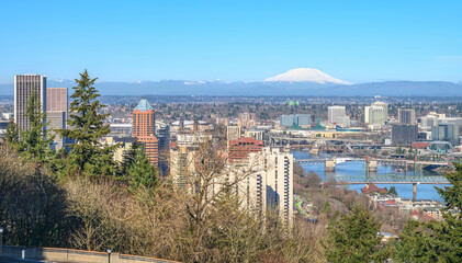City of Portland Oregon skyline bridges and Mt. St. Helens