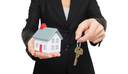 Real estate agent new house keys concept. Realtor showing holding house keys and mini house model. Buying new home conceptual image with business woman in suit isolated in transparent PNG