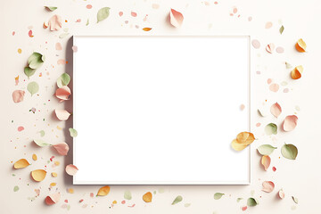 Romantic frame among colorful leaves and confetti. Pastel shades for a greeting card or invitation. Generative AI