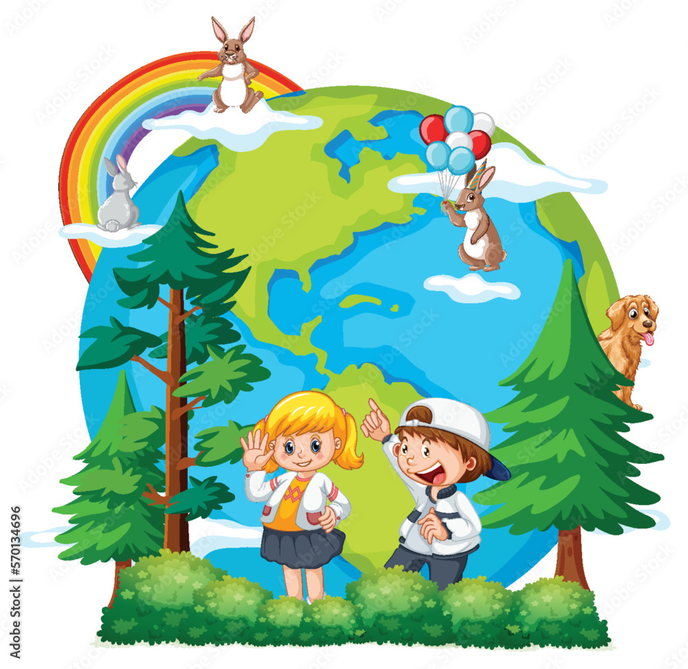 Poster earth planet with cartoon characters