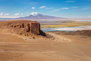 Fototapeta na wymiar Salt lake, volcanic landscape at Sunset, Atacama, Chile border with Bolivia