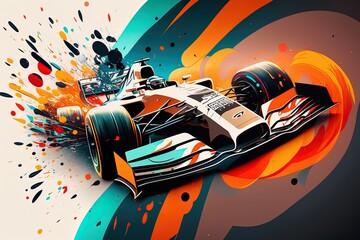 Futuristic racing formula at fast ride to finish. Post product generative AI digital illustration. Racing car in motion, Powerful acceleration of a car on a night track with colorful lights and trails