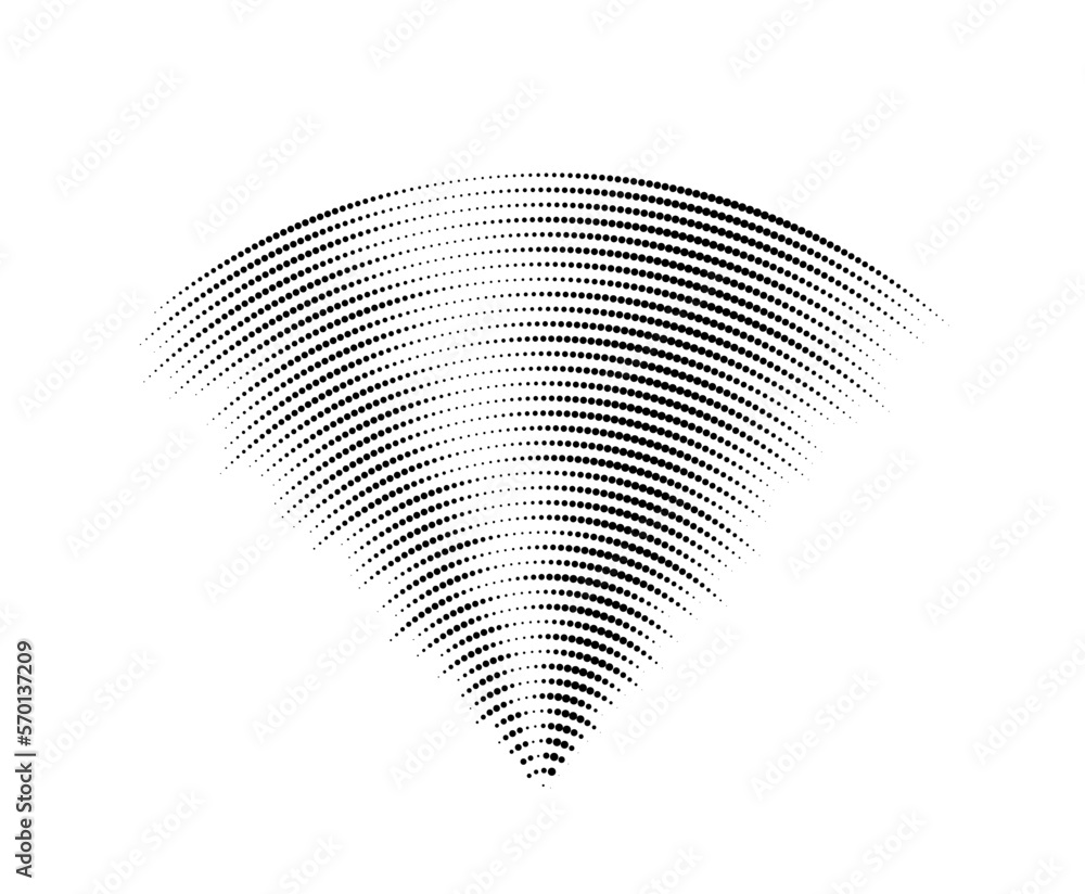 Poster Dotted sound wave signal. Radio or music audio concept. Epicentre or radar icon. Textured radial signal or vibration elements. Impulse curve lines. Concentric ripple semi circles.
