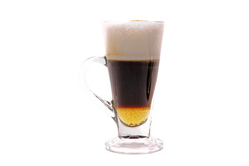 Hot Cappuccino coffee in a clear glass on a white background 
