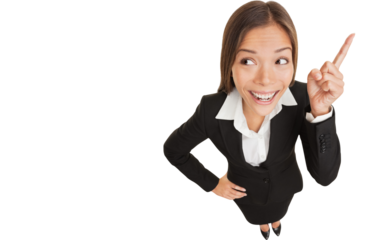 Business idea woman. Businesswoman thinking having eureka moment looking up to the side at copy space. Beautiful mixed race Asian Chinese / Caucasian woman happy isolated in full body length.