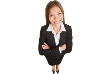 Business woman. Asian businesswoman portrait of smiling young professional in suit. High angle view of proud confident mixed race Asian Chinese / Caucasian isolated in full length on white background