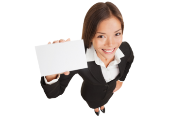 Business woman showing blank card sign. Businesswoman holding empty card with copy space smiling happy standing isolated in transparent PNG in full body length. Mixed race Asian Chinese / Caucasian.