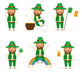 St. Patrick's Day set of happy leprechauns with brown beard. Vector Illustrations. Cheerful man character. Pot of gold, beer, shamrock, rainbow, Irish flag. For design and stickers