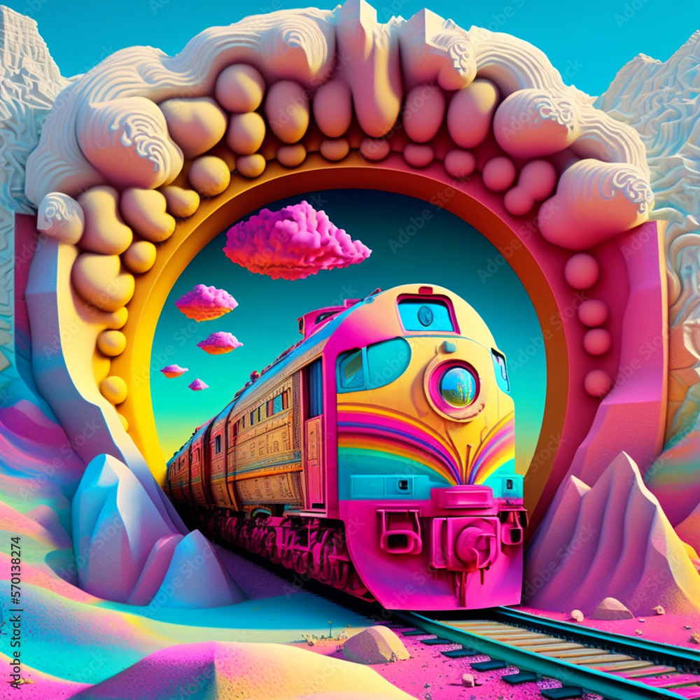 Poster Cartoon colorful train passes through the cave