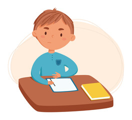 Cute blonde boy doing homework vector illustration. child does the tasks that he was asked at school at home. Daily routine. Schedule. Illustration on abstract background