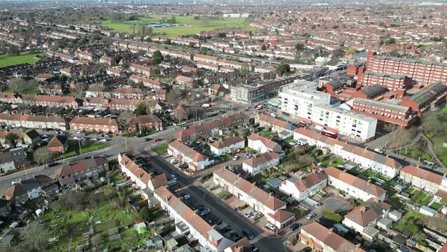 Rows of terraced housing Dagenham London UK  drone aerial high angle