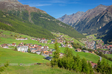 Fototapeta na wymiar Soelden resort village in Otztal alps at spring, Tyrol, Austria border with Italy