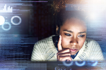 Thinking, futuristic hologram and black woman on computer for online finance, fintech and data analysis. Digital transformation, software overlay and face of girl for financial analytics on 3d screen