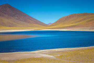 Fototapeta na wymiar Salt lake, turquoise Laguna Miniques, volcanic landscape at sunrise, Atacama