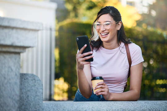 Happy, search or student woman with phone in morning for social media, networking or reading comic blog. Smile university or girl on 5g smartphone at college building for learning or blog outdoor