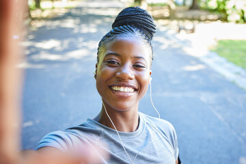 Selfie, fitness and portrait of black woman in park with smile for exercise goals, running and...
