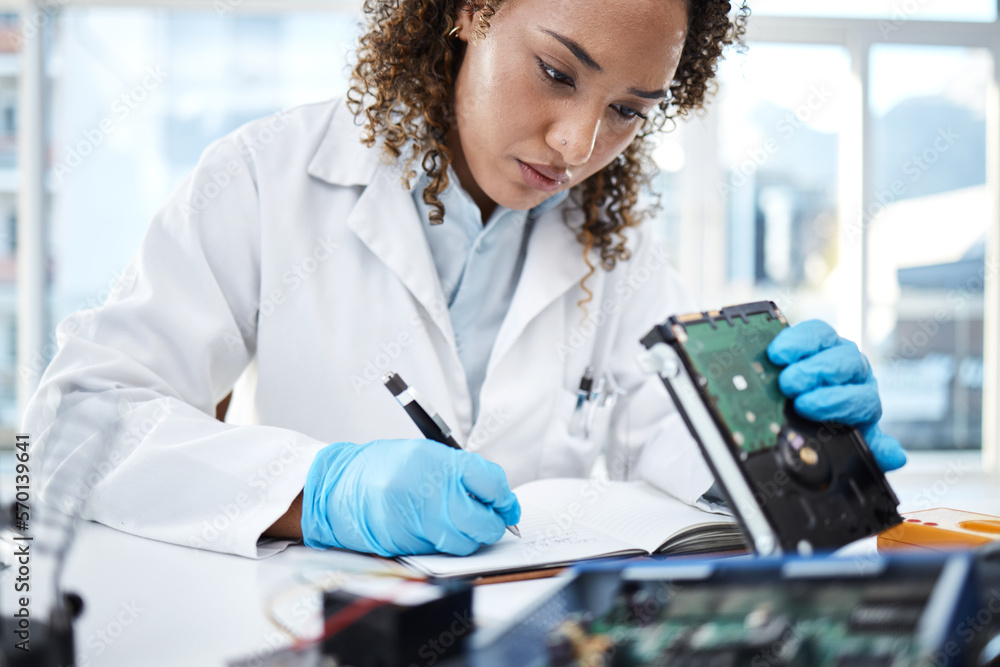 Poster Black woman technician, computer or laptop circuit for cyber crime investigation, analysis and IT solution. Information technology engineer, notebook and laboratory for programming, writing and notes
