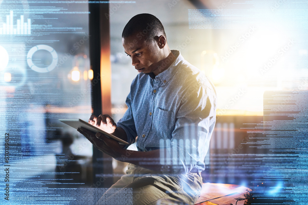 Poster Overlay, futuristic research and black man with tablet for website, data analysis and networking in office. Digital transformation, innovation and male with technology, cyber hologram and web design