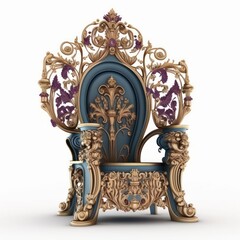 Detailed illustration of an ornate elaborate decorative golden throne for a king, queen or royalty isolated on a white background, generative ai