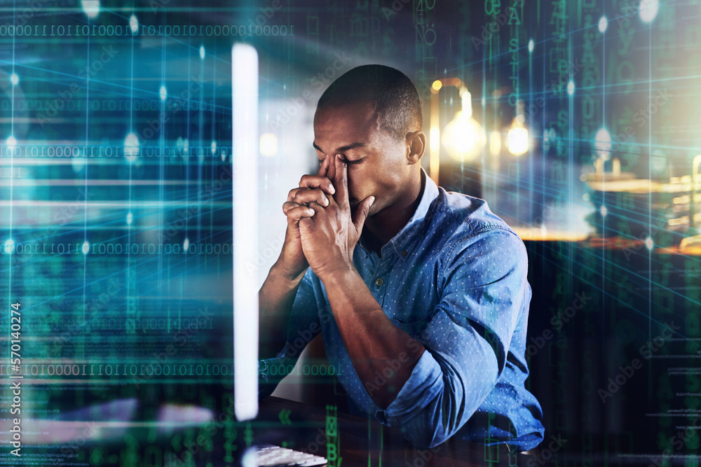 Fototapete Stress, headache and code overlay of a black man doing computer work for cybersecurity with stress. Coding designer glitch, it employee in a office with stress and anxiety from 404 problem design