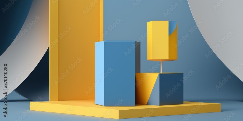 Poster an abstract prototype scene podium background with a simple blue color and yellow geometric shape fo