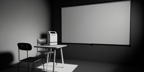 Blur Class room chair and table with white board and projector screen. white black colour concept. Generative AI