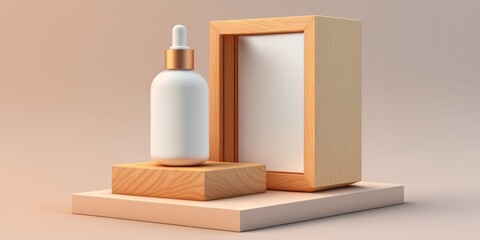 a cosmetic bottle and a wooden product display pedestal on a white background. Concept for a simple product presentation mockup. trendy for studio, advertising, and social media banners. Generative AI